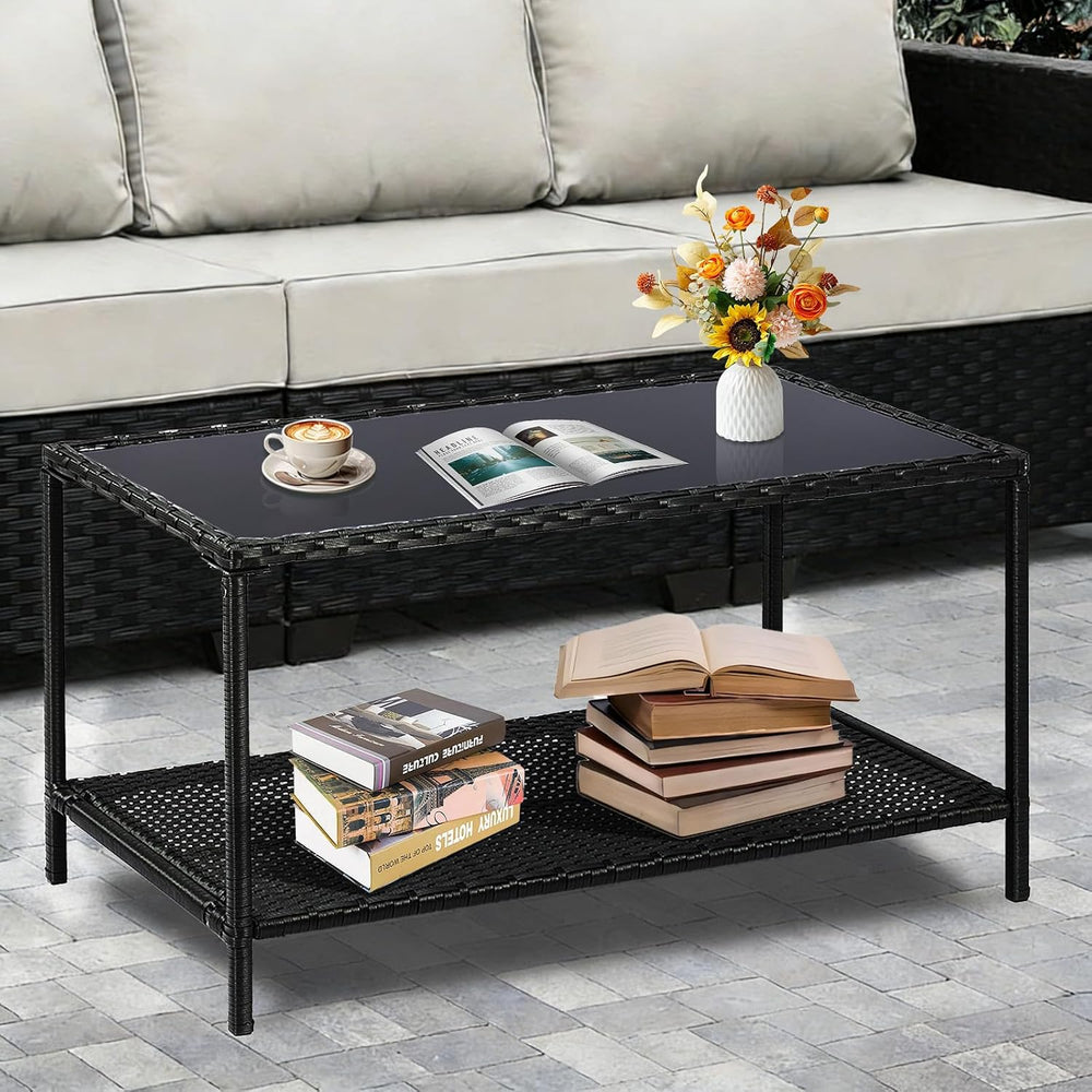 2-Tier All Weather Rattan Wicker Outdoor Coffee Side Table with Glass Top