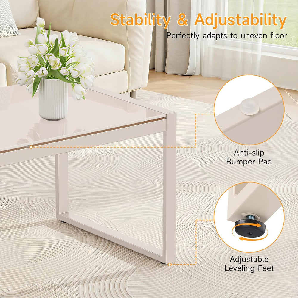 ONBRILL Rectangle Coffee Table with Tempered Glass Desktop, Sand