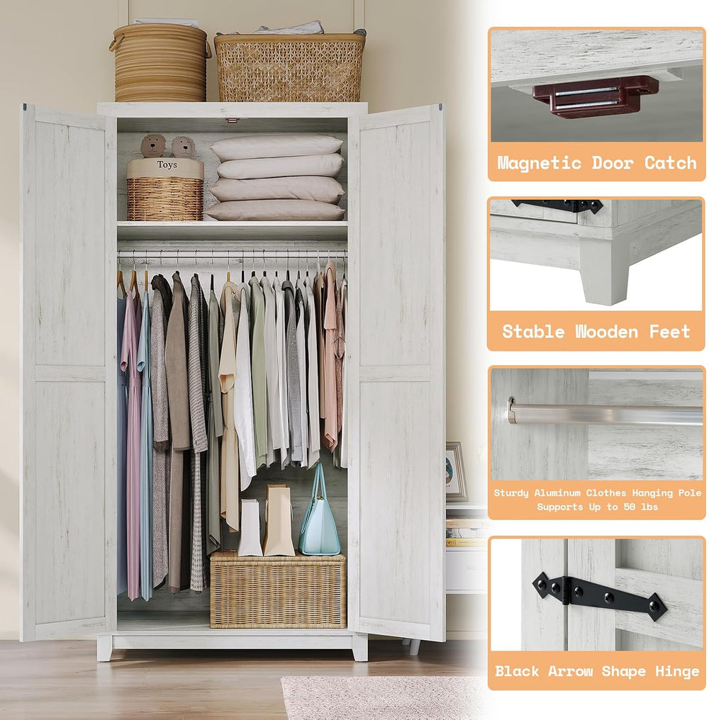 AMERLIFE 71" Farmhouse Wardrobe Closet with Hanging Rod & Barn Doors