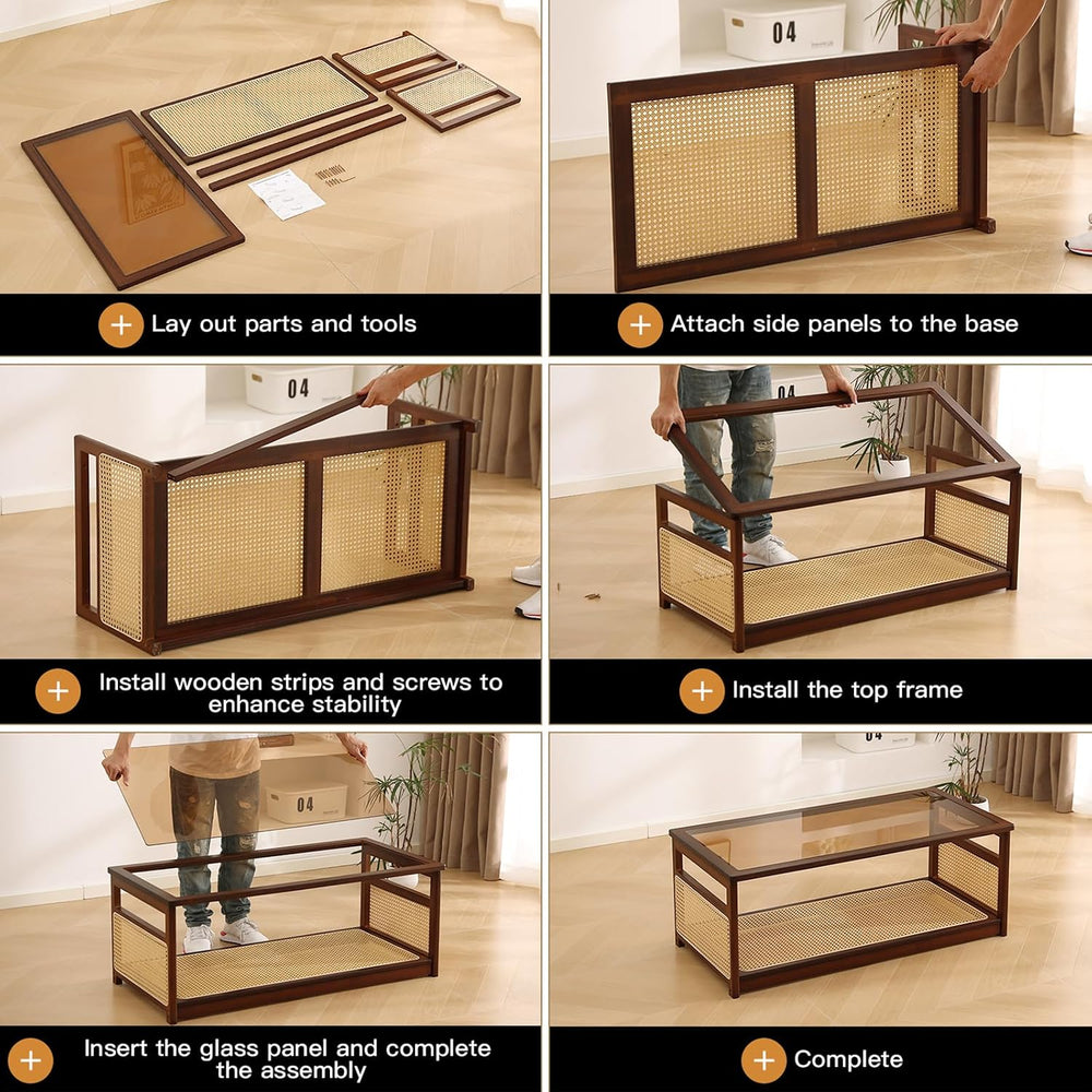Welnow Rattan Coffee Table, 2-Tier Rectangle Center Table, 47.5"， Walnut