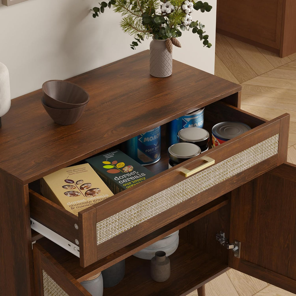 Furnify Rattan Sideboard Buffet, Boho Kitchen Cabinet with Drawer & 2 Doors, Modern Mid Century Accent Cabinet with Adjustable Shelf, Coffee Bar for Living Room, Entryway, Kitchen, Walnut