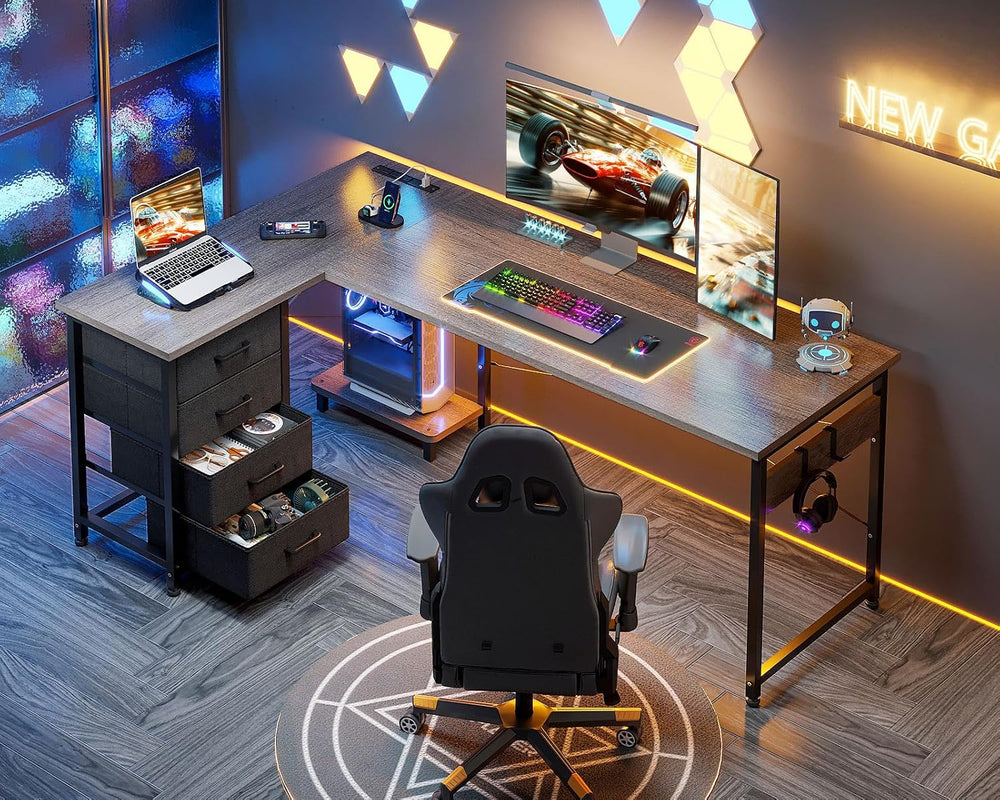 AODK 61" L Shaped Gaming Desk with 4 Drawers and Power Outlets, Grey