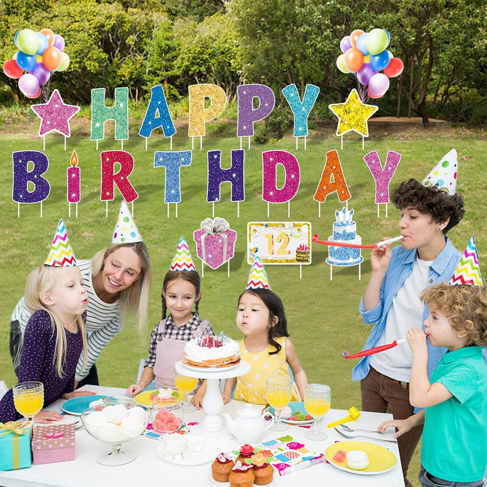 18Pcs Happy Birthday Yard Sign with Stakes,Led Light,16" Lawn Decor