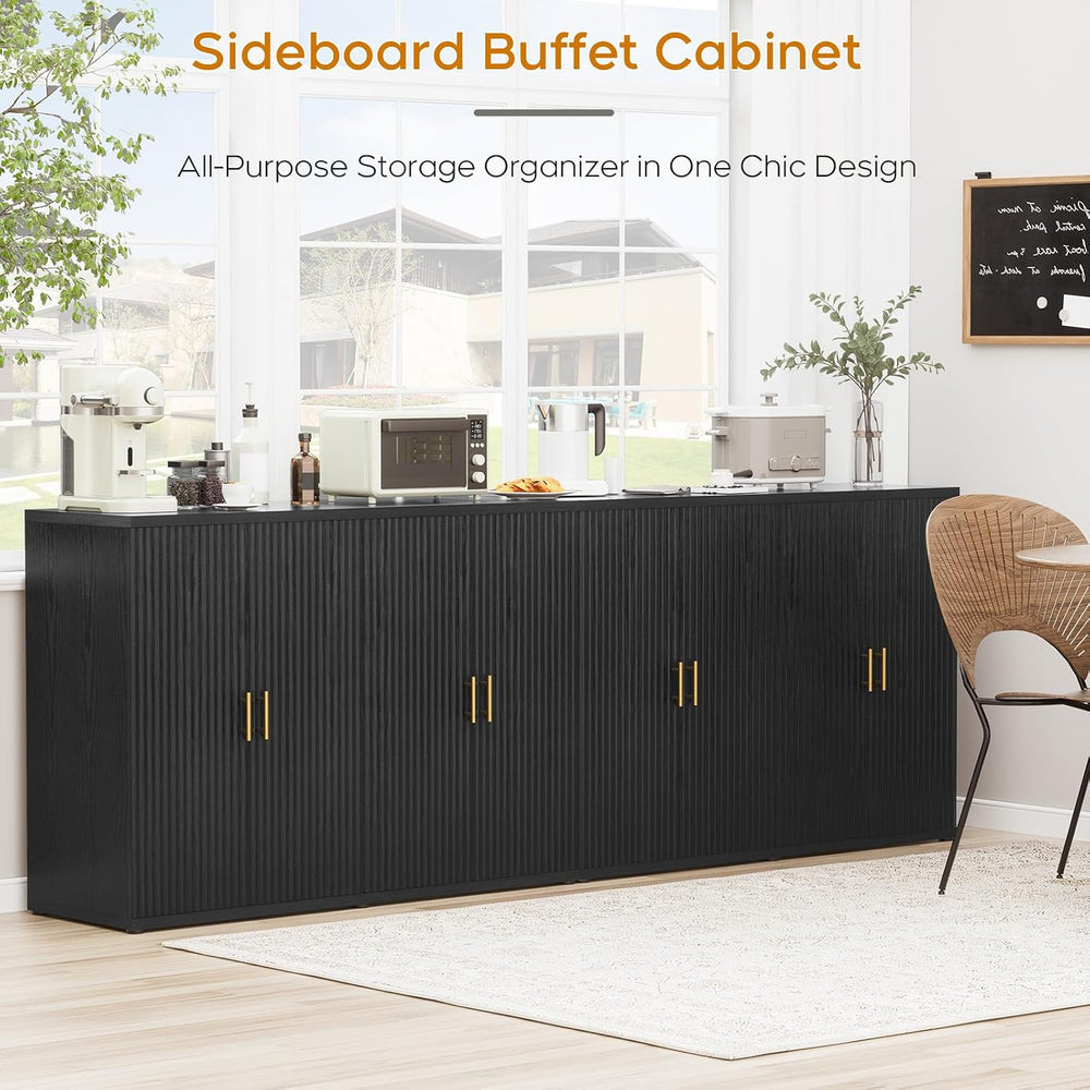 Yechen 94.6" Black Fluted Sideboard Buffet Cabinet with Storage and 8 Do...