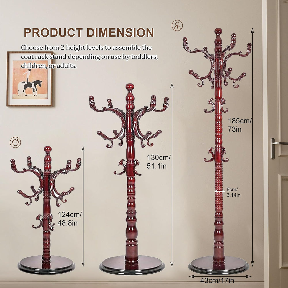 Wooden Coat Rack Freestanding Heavy Duty with 18 Hooks, Mahogany