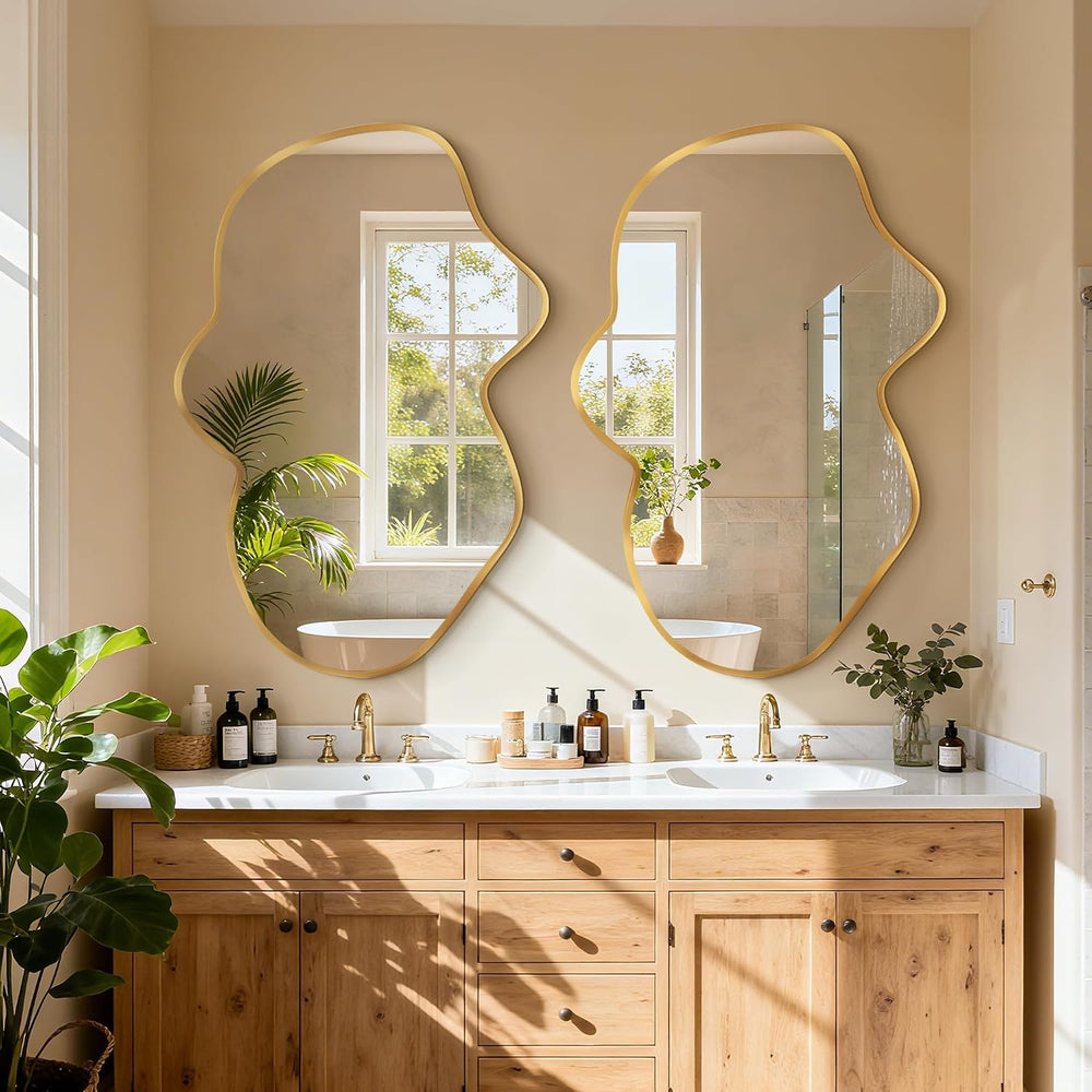 Irregular Wall Mirror, Asymmetrical Gold Bathroom Wavy Mirror
