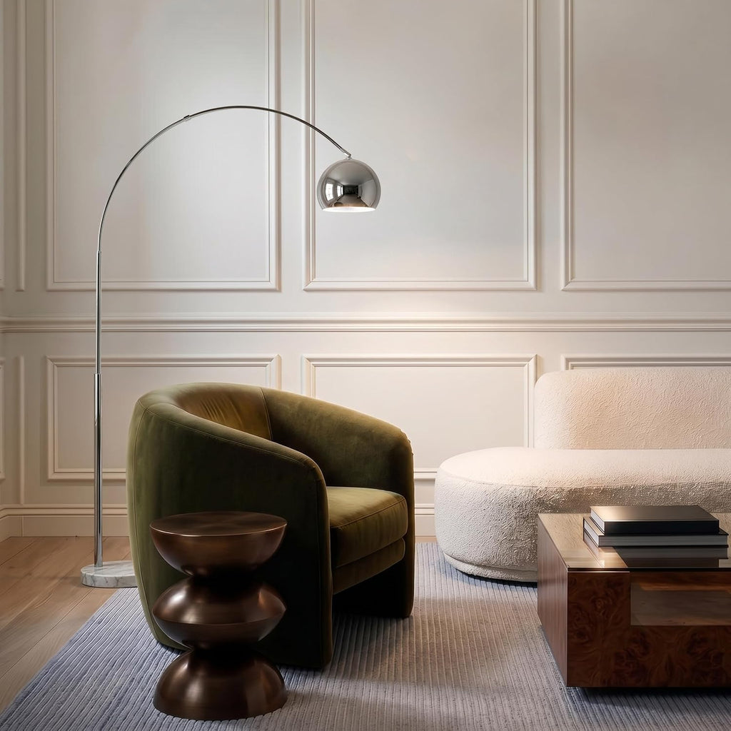 Brightech Olivia Floor Lamp - Chic Arc Lamp with Rounded Spolight Head and Marble Base for Living Room, Tall Standing Lamp with LED Light Bulb for Bedroom Reading, Boho Home Decor for Office - Chrome