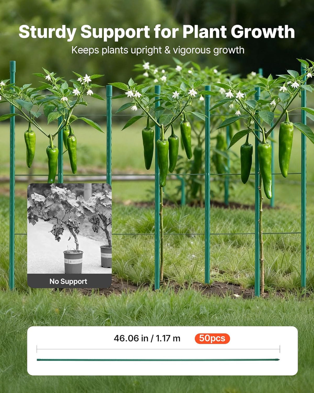 VEVOR Garden Stakes, 50 Pack, 46.06 inch, Plastic Coated Metal Tomato Stakes,...
