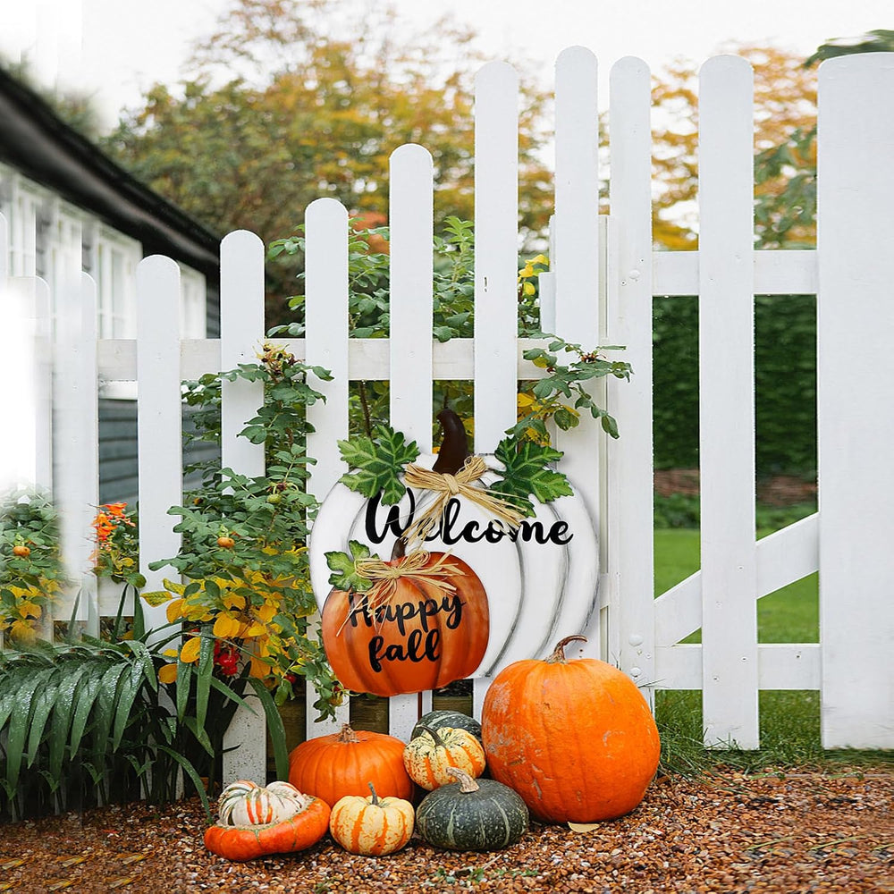 Happy Fall Decor Metal Garden Stake Stacked Pumpkin Welcome Yard Sign