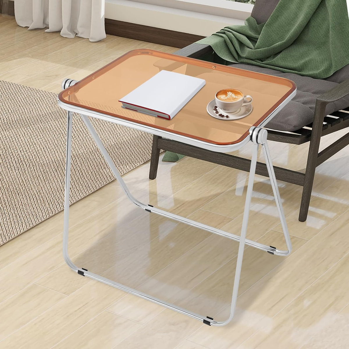 Clear Foldable Side Table, Folding Tiny Writing Desk TV Tray Table Coffee Clear Bed Side Tables Space Saving No Assembly Required for Home Office Small Computer Desk 25 * 20 * 27 inch
