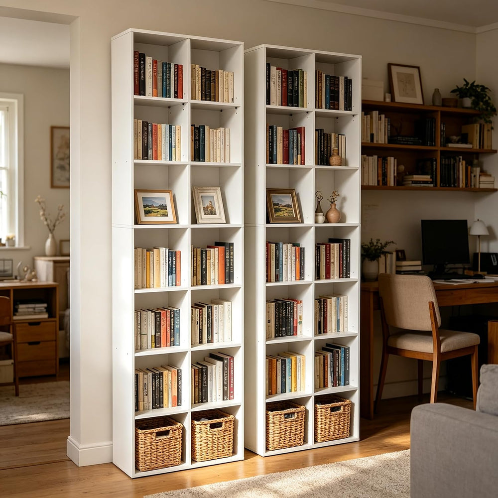 71" Tall Shallow Bookcase DVD Storage Shelf, 14 Cubes 7 Tier Narrow Wide...