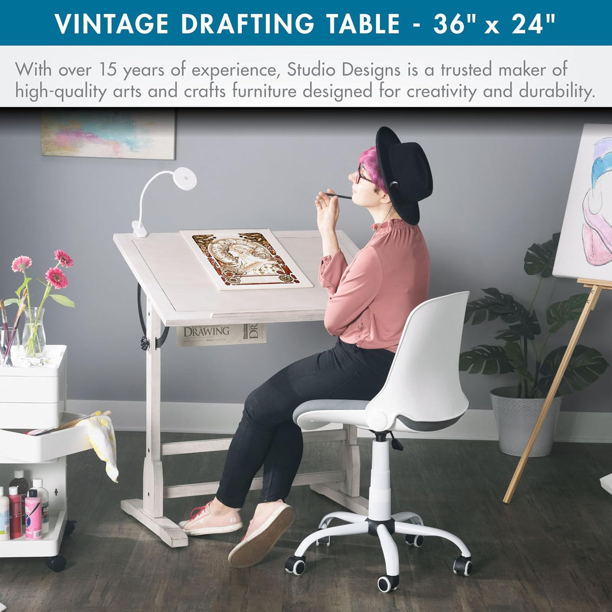 studio designs vintage drawing/drafting table with pencil ledge on a desk or shelf