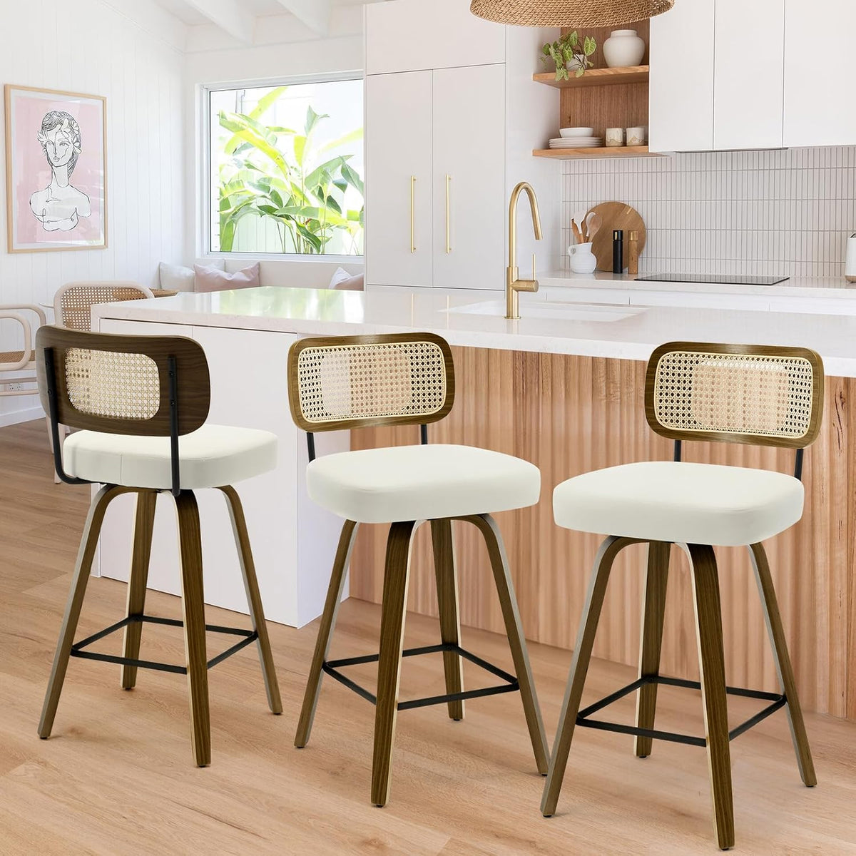 Bekrvio 26" Swivel Counter Height Bar Stools Set of 3, Cream White