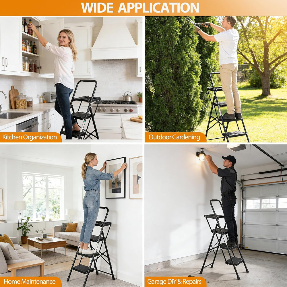 ZENY 3 Step Ladder, Folding Step Stool for Adults, Portable Steel Ladder with...