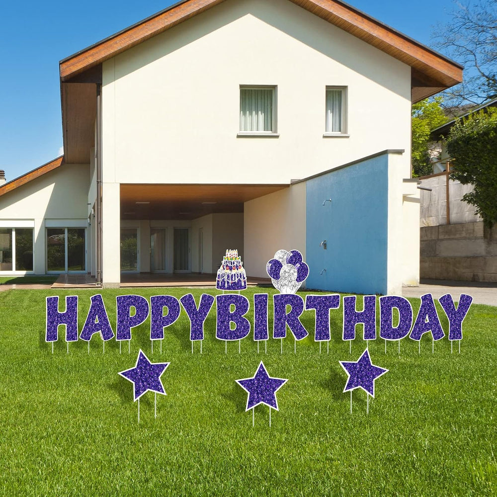 Jetec 18 Pcs Happy Birthday Yard Sign with Stakes and Light, Purple