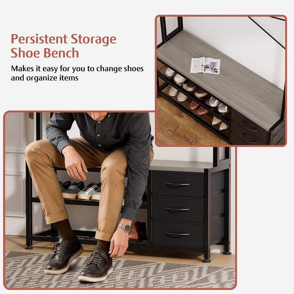 Hall Tree with Bench and Hooks, 39.4" Shoe and Coat Rack Entryway Organizer