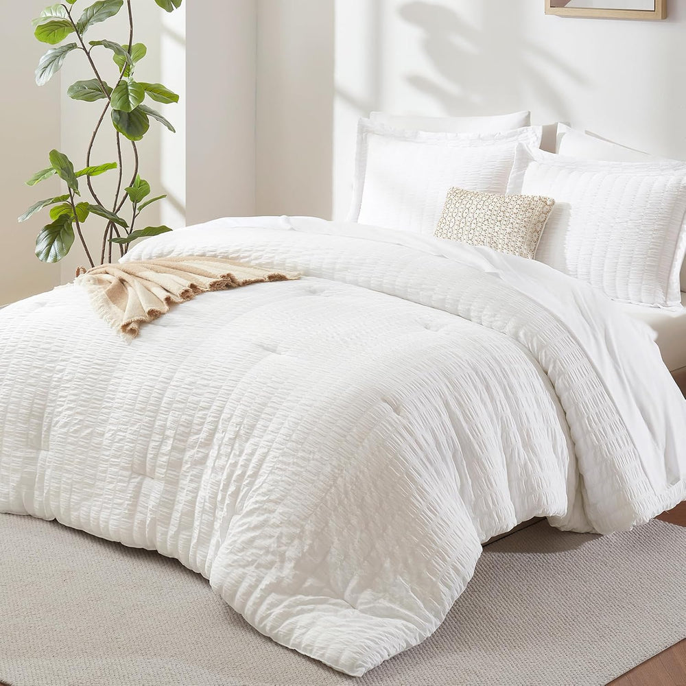 CozyLux King Size Comforter Set, 7 Pieces White Seersucker Bed in a Bag