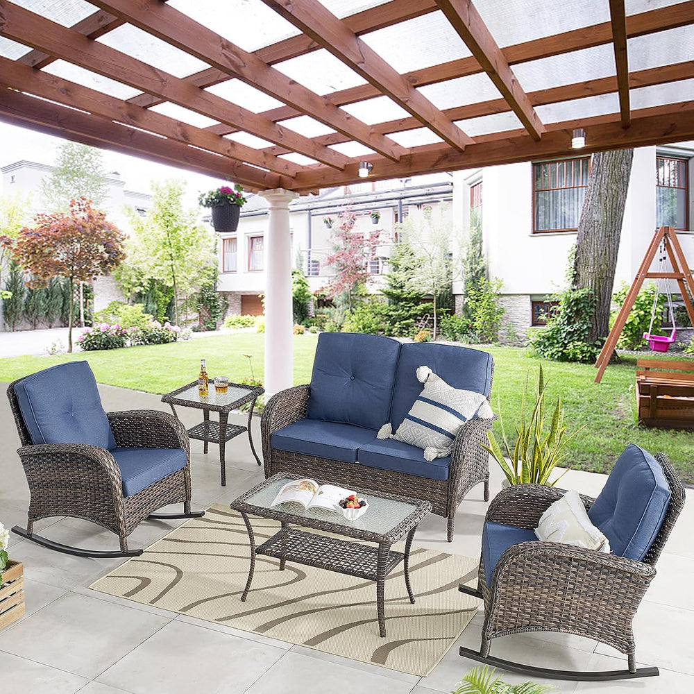 Belord Wicker Porch Rocking Chairs - 3 Pieces Patio Bistro Set High Back Outd...