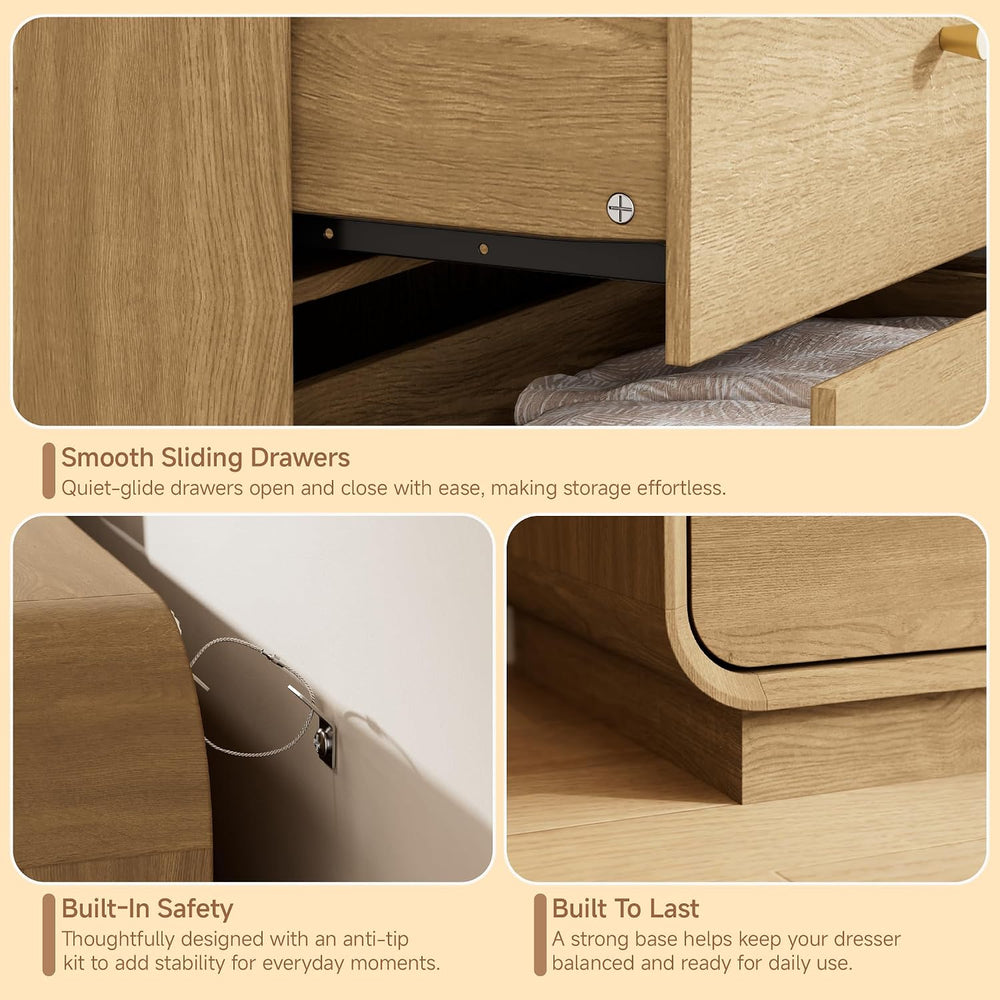4 Pieces Bedroom Set, 6-Drawer Dresser & 3-Drawer Nightstands Set of 2 wi...