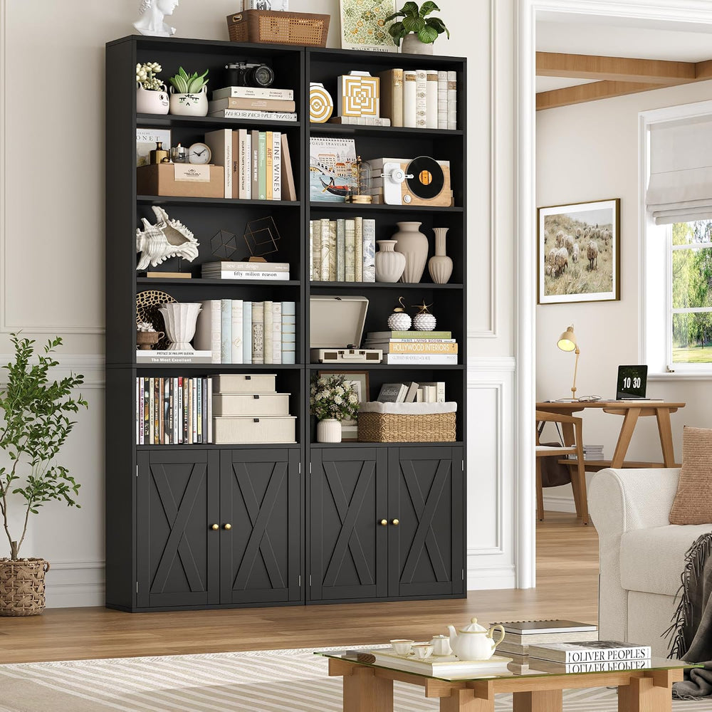 FACBOTALL 82" Tall Bookcase, Farmhouse Bookshelf with Doors, Black
