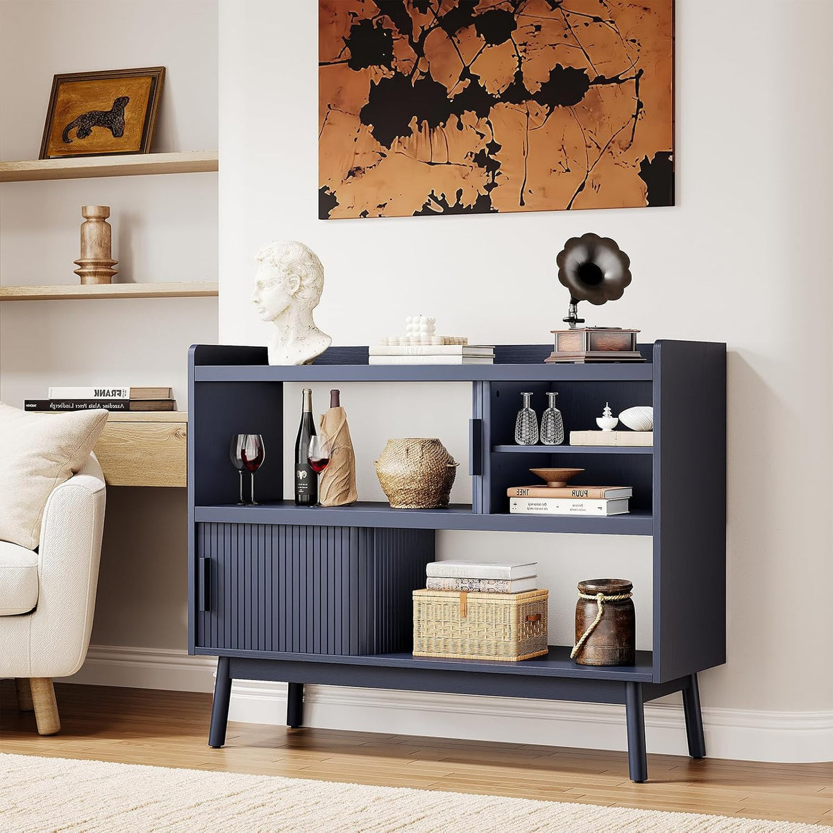 ONBRILL 44" Sideboard Buffet Cabinet with Outlet & Sliding Door, Blue