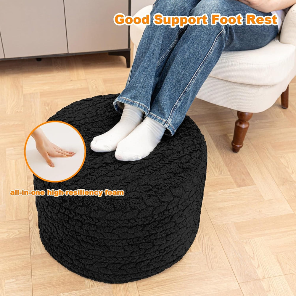 Poofieotto Round Pouf Ottoman 20x14In Ottoman Footrest for Couch Sofa Black