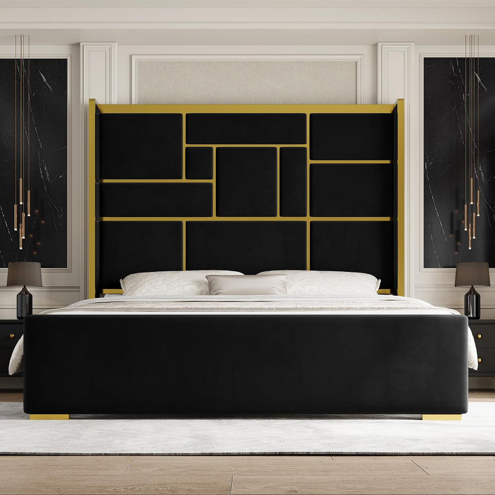Queen Bed Frame with Gold Trim Headboard, Upholstered Bed, Black