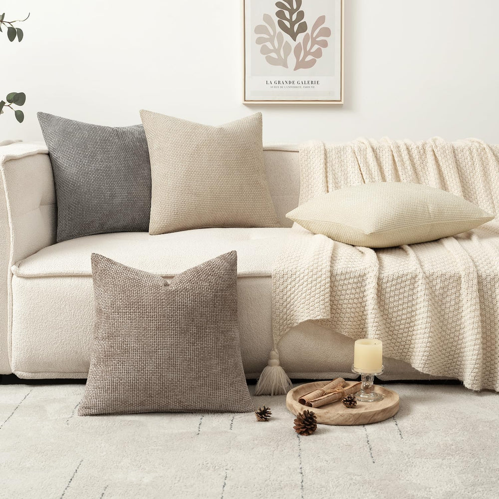MIULEE Decorative Chenille Pillow Covers Neutral Beige 18x18 Pack of 4