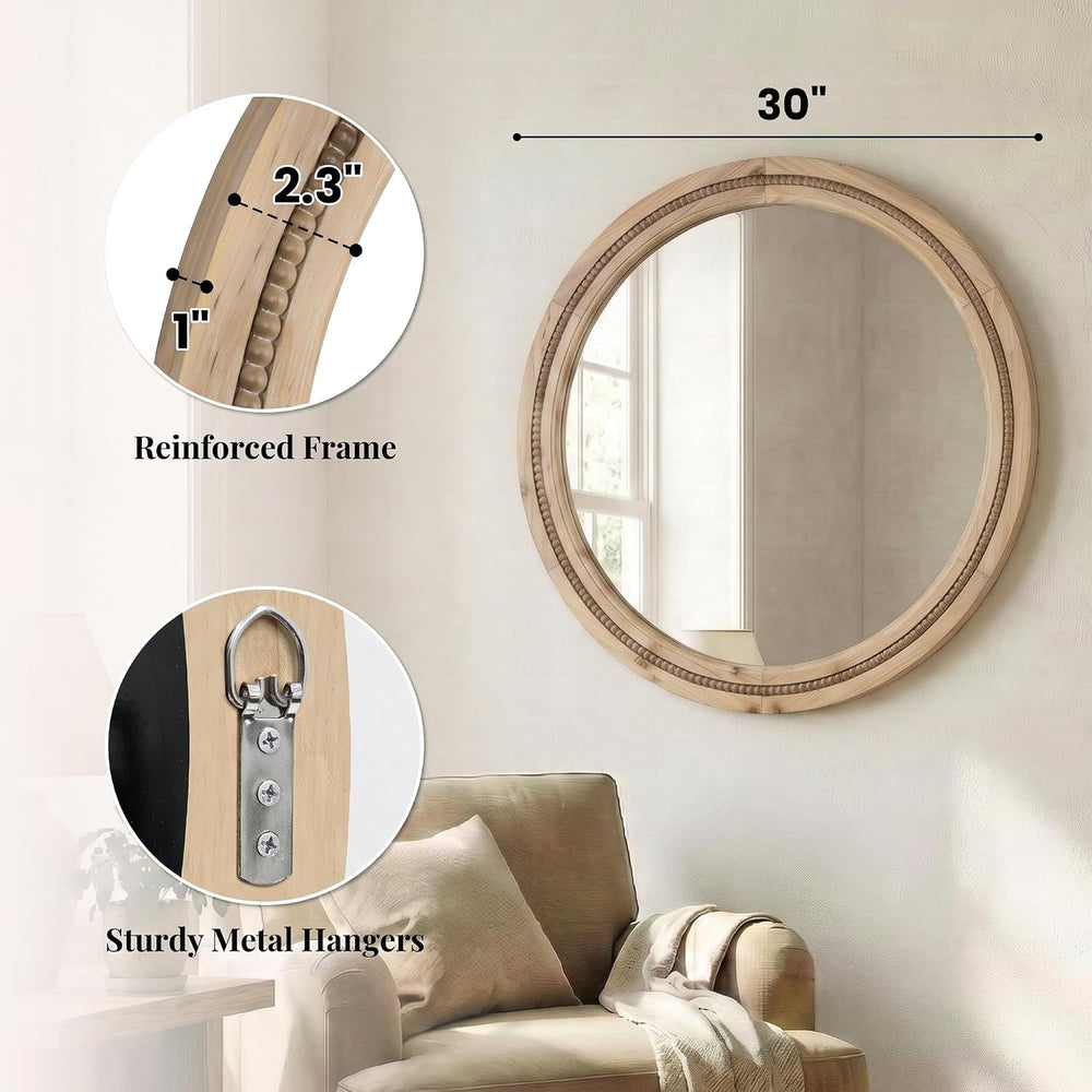 Solid Wood 30 Inch Round Beaded Vanity Wall Mirror, Natural Wood