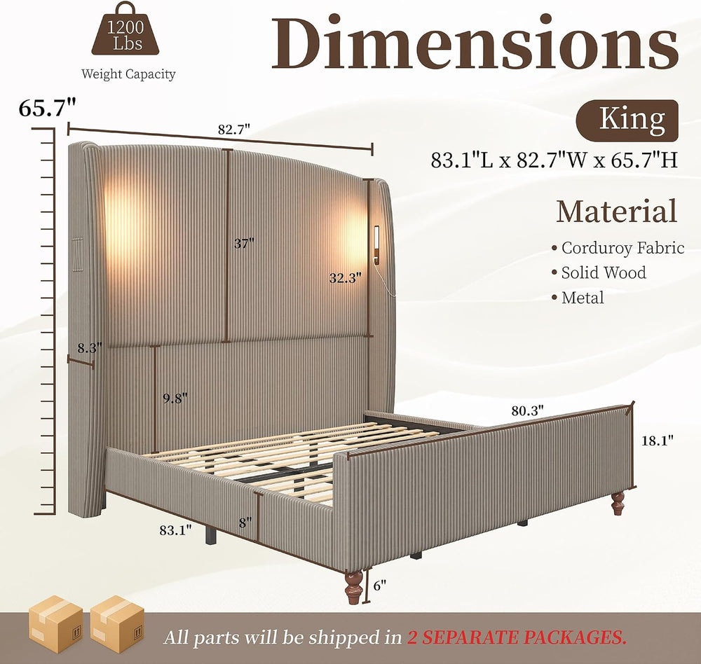 66" Extra Tall King Upholstered Wingback Bed with Light and Pockets, Gray