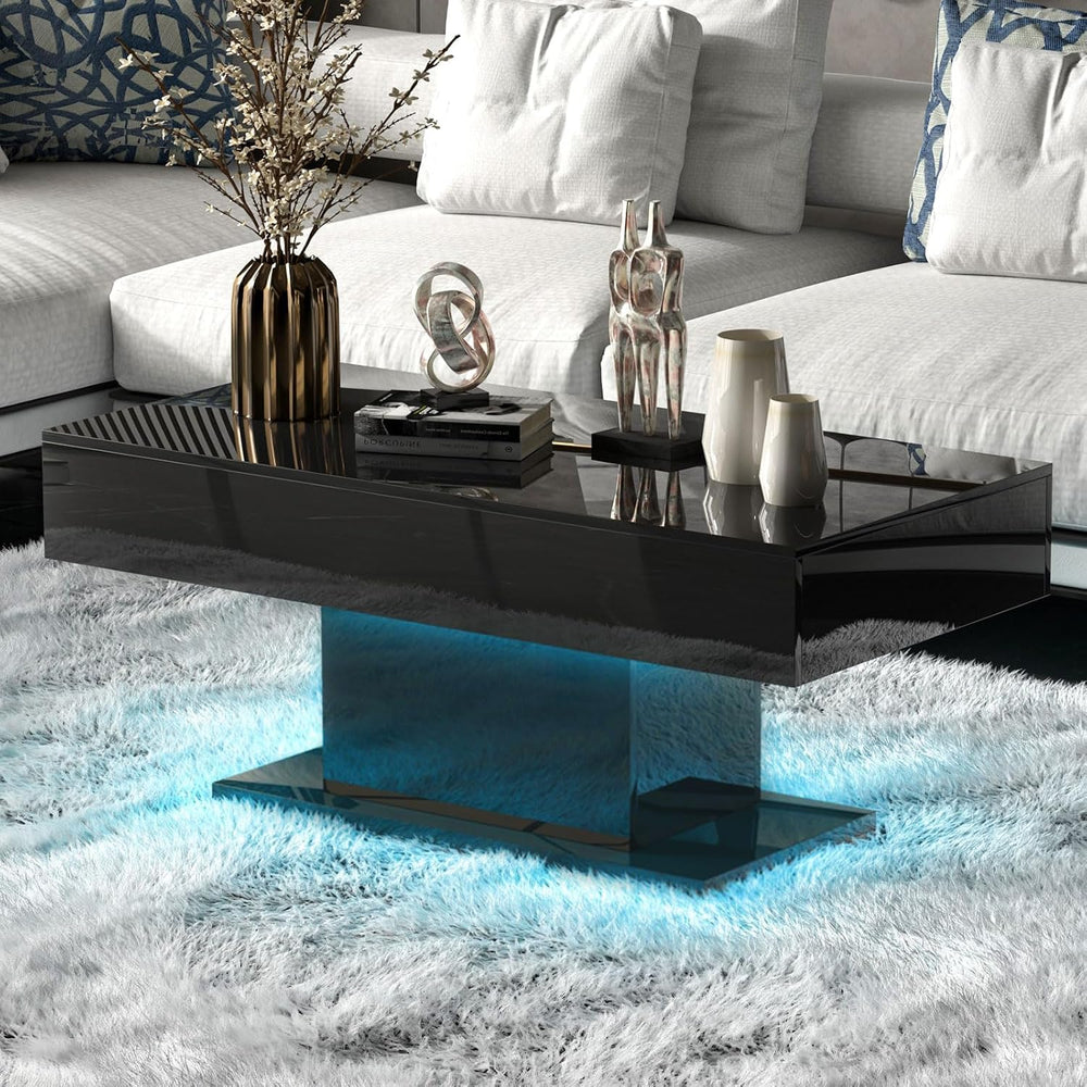 HedoAjim Black Led Coffee Table for Living Room, Rectangular Center Table