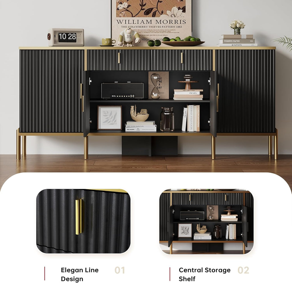 60" Fluted Buffet Cabinet with Storage, Modern Buffets & Sideboard with 2 Drawers, 4 Doors and Adjustable Shelves, Accent Cabinet for Kitchen, Black