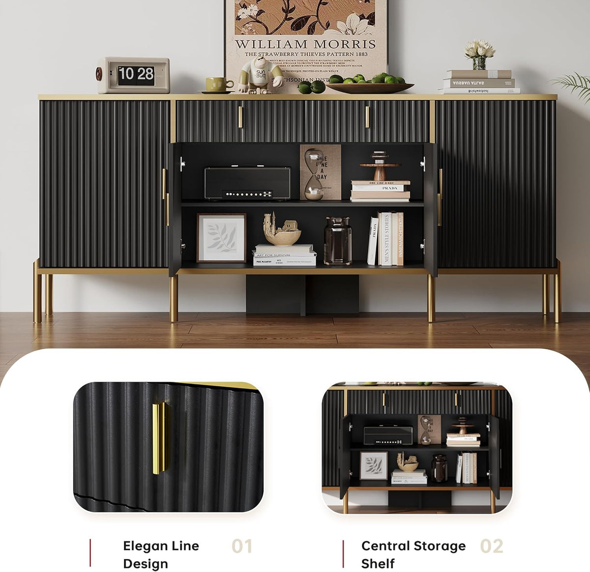60" Fluted Buffet Cabinet with Storage, Modern Buffets & Sideboard with 2 Drawers, 4 Doors and Adjustable Shelves, Accent Cabinet for Kitchen, Black