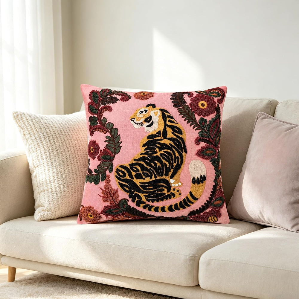 Embroidered Tiger Throw Pillow 20 x 20 Inch
