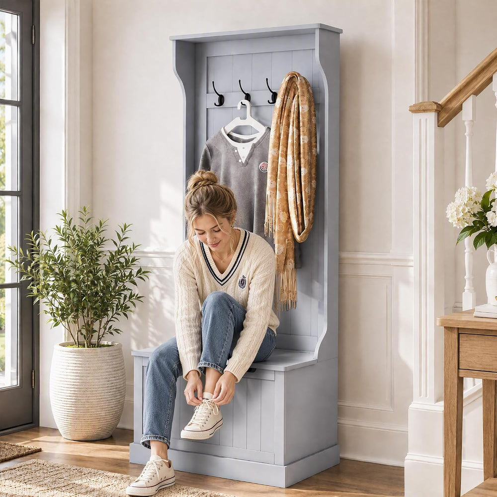 HOMCOM Hall Tree with Shoe Storage, Entryway Coat Rack with Bench, Gray