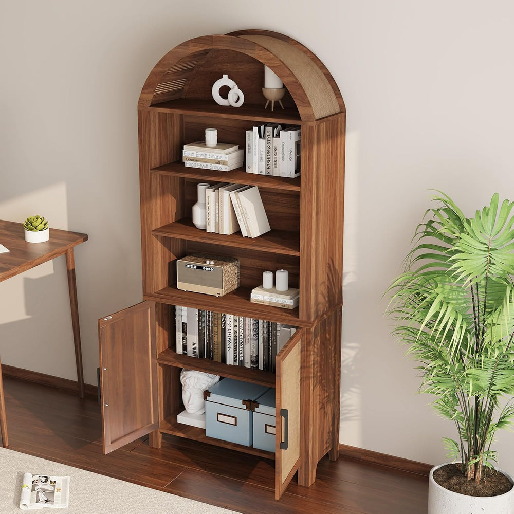 Janmer Home 71" Tall Boho Rattan Arched Bookcase with Doors,Walnut