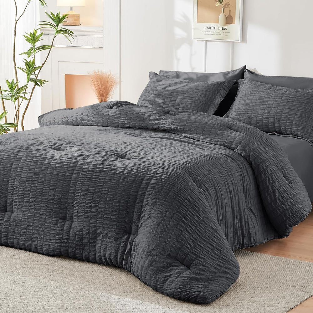 Queen Comforter Set - 7PCS Bed in a Bag, Seersucker Bedding Set, Dark Grey