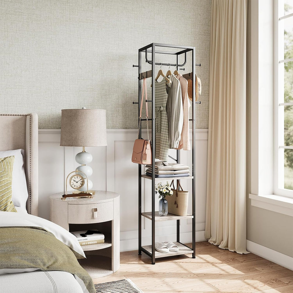 Coat Rack Freestanding, Hall Tree with 3 Shelves and 12 Hooks, Greige