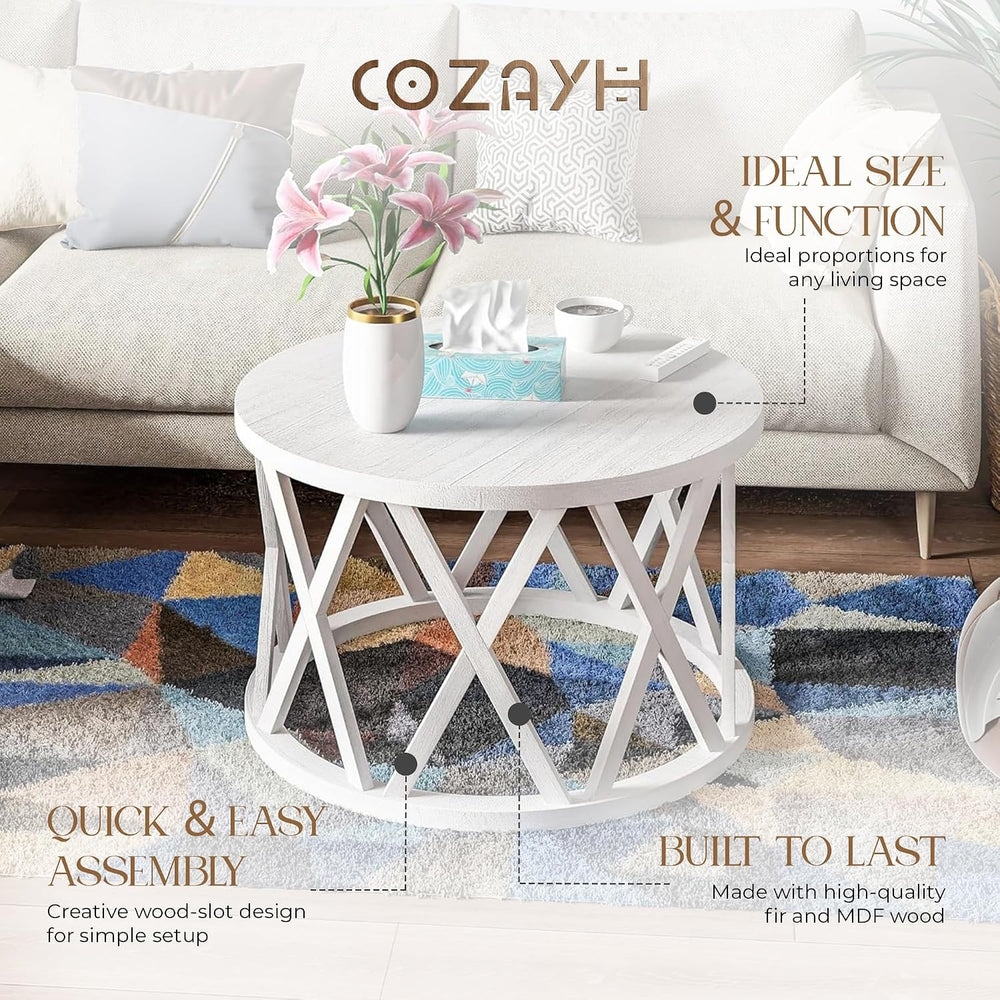 COZAYH Farmhouse Coffee Table, Rustic Round Coffee Table with X-Motifs Legs, ...