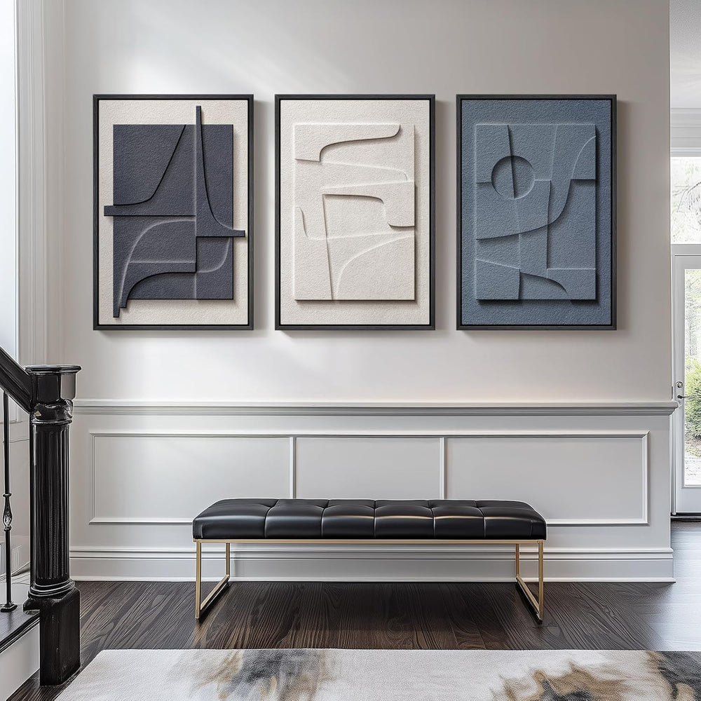 Large Framed Blue Abstract Wall Art for Living Room, Modern 3D Artwork