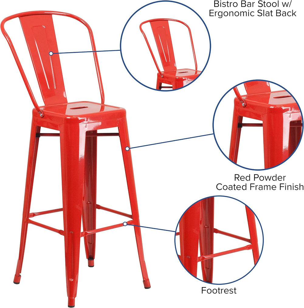 EMMA + OLIVER 30" Red Metal Indoor/Outdoor Barstool with Back, 4-Pack