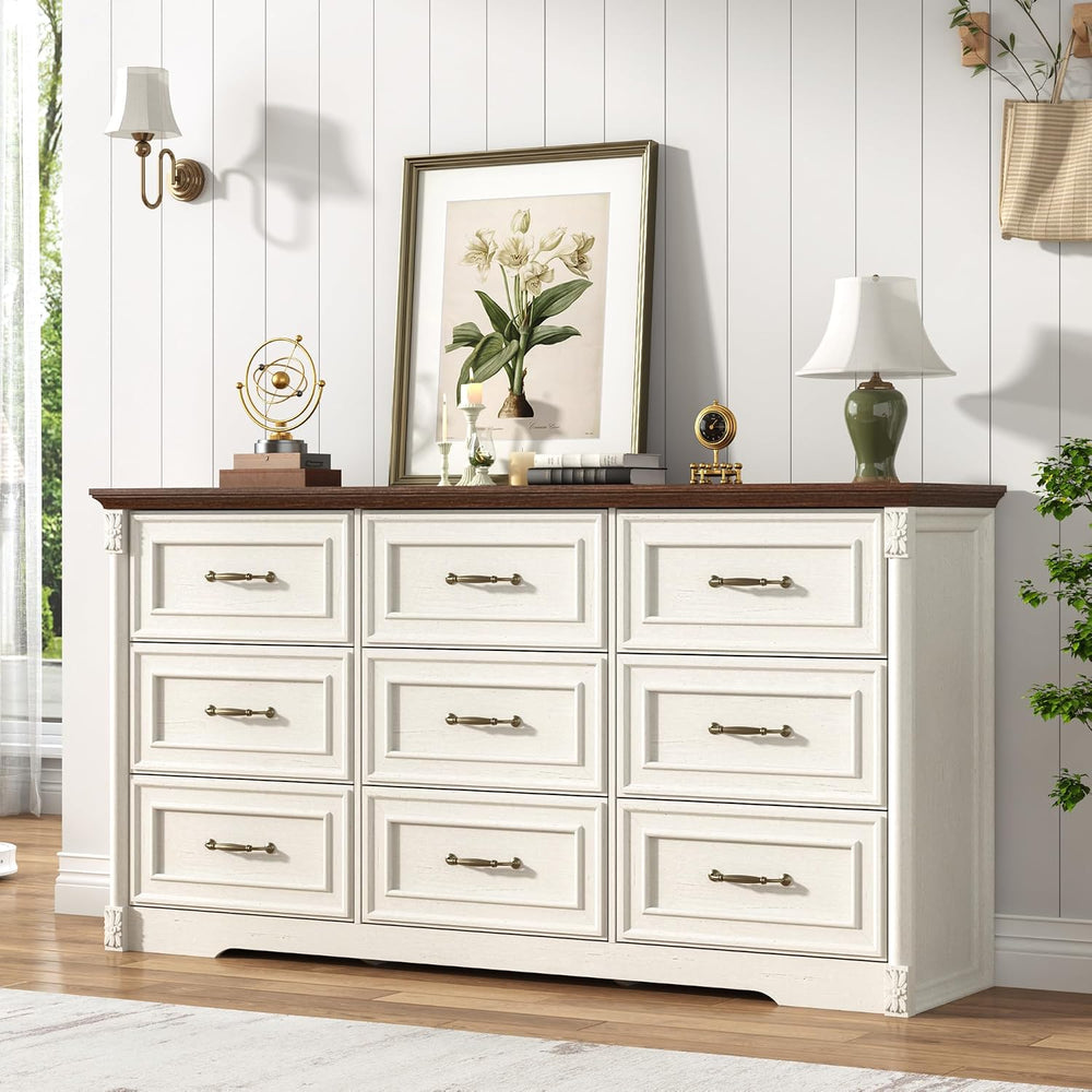 Farmhouse Wood 9 Drawer Dresser for Bedroom,Embossed Roman Column Wood Rustic...