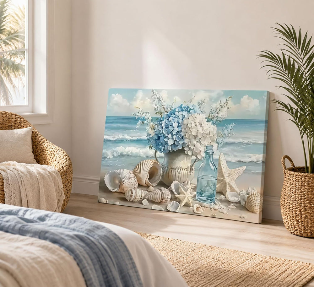 YKVDOROK Blue Ocean Beach Wall Art Coastal Bathroom Canvas Wall Decor