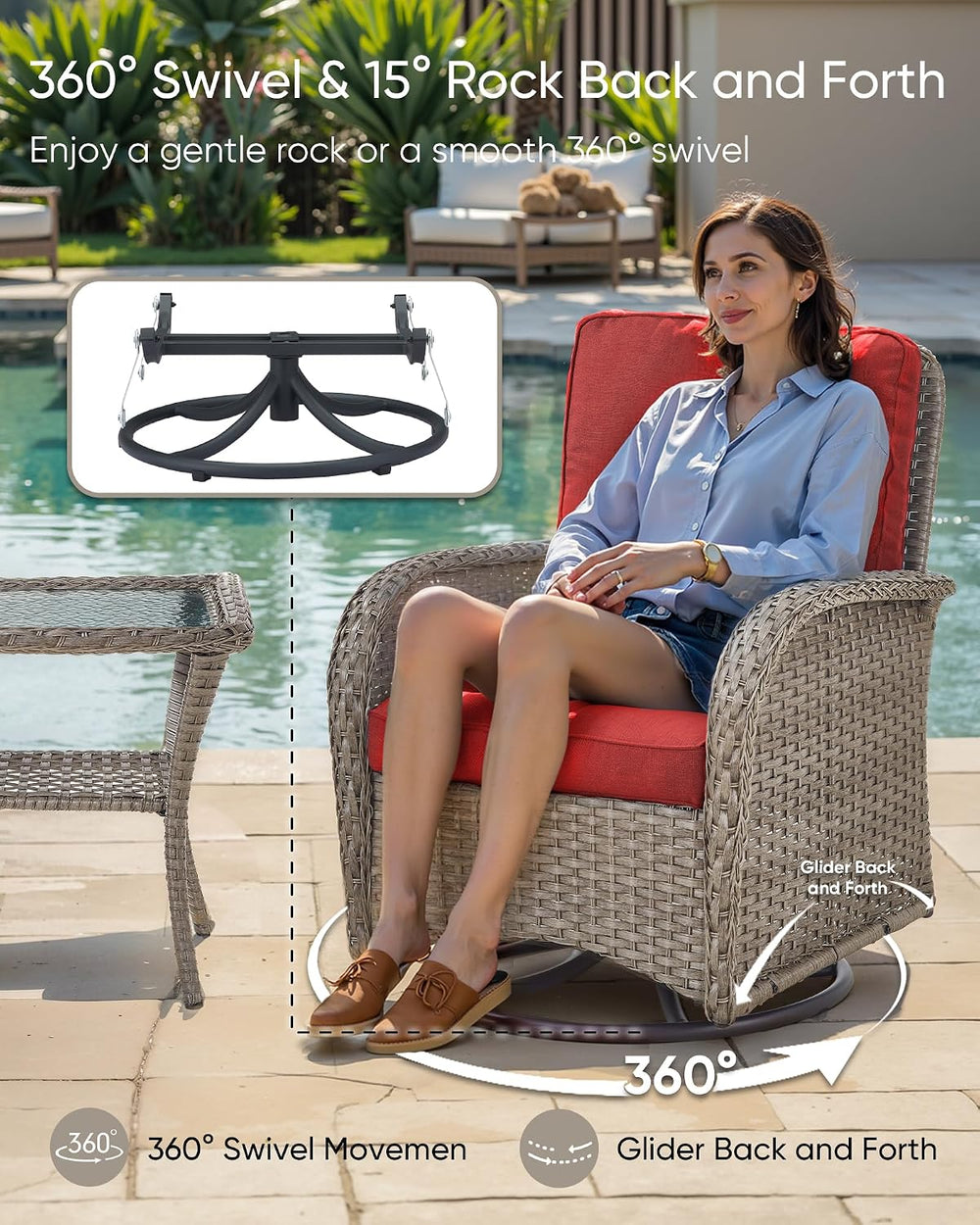 HUMMUH 6 Piece Wicker Patio Set, Swivel Rockers & Glider, Grey/Red