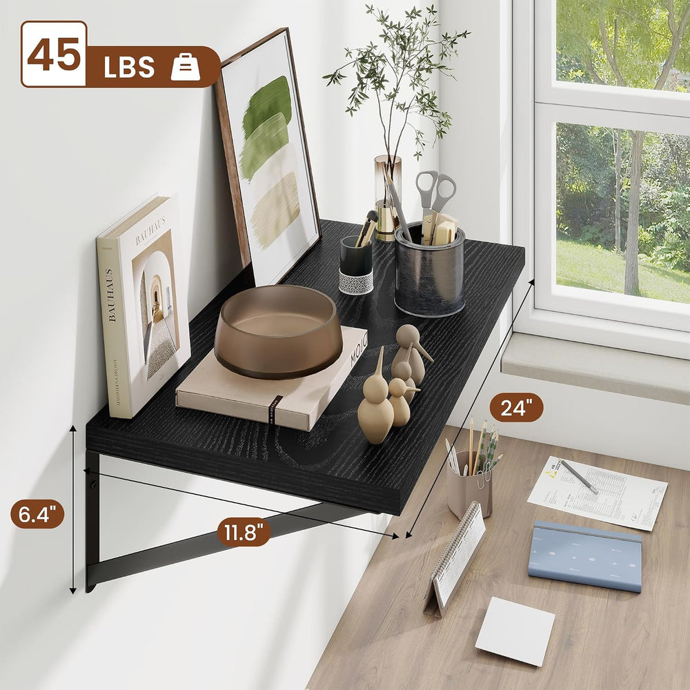 12" Deep Wall Shelves with Metal Brackets, 24" Wide, Black Finish, ...