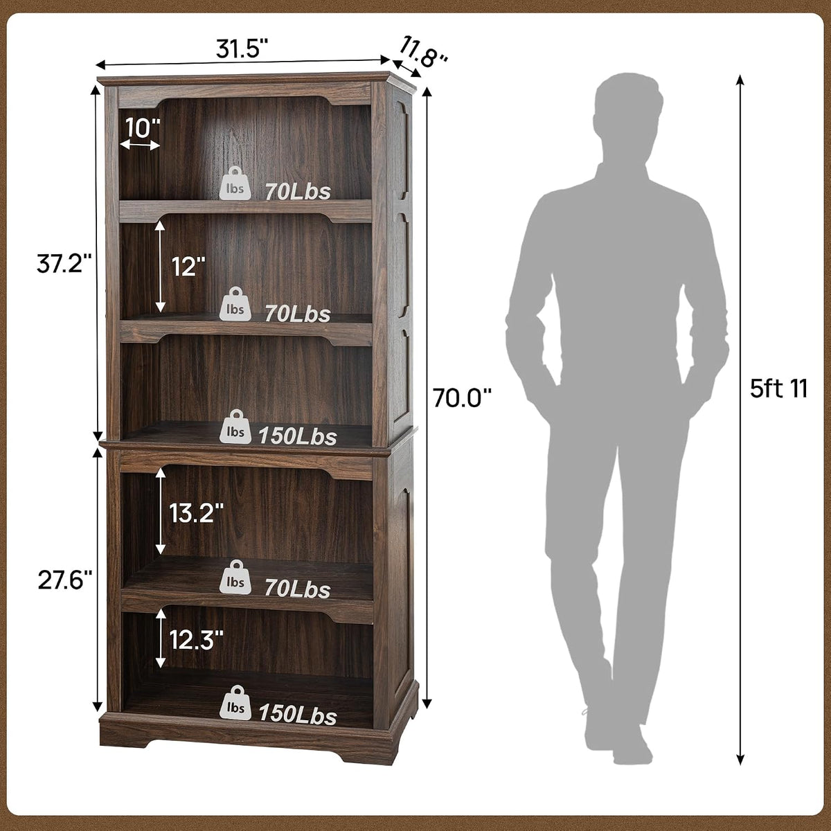70” Walnut Bookcase Bookshelf, 5-Tier Farmhouse Bookcase Shelves