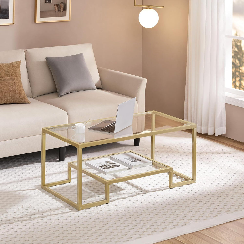 Yaheetech 42" Small Gold Coffee Table for Living Room, 2-Tier Glass Shelf