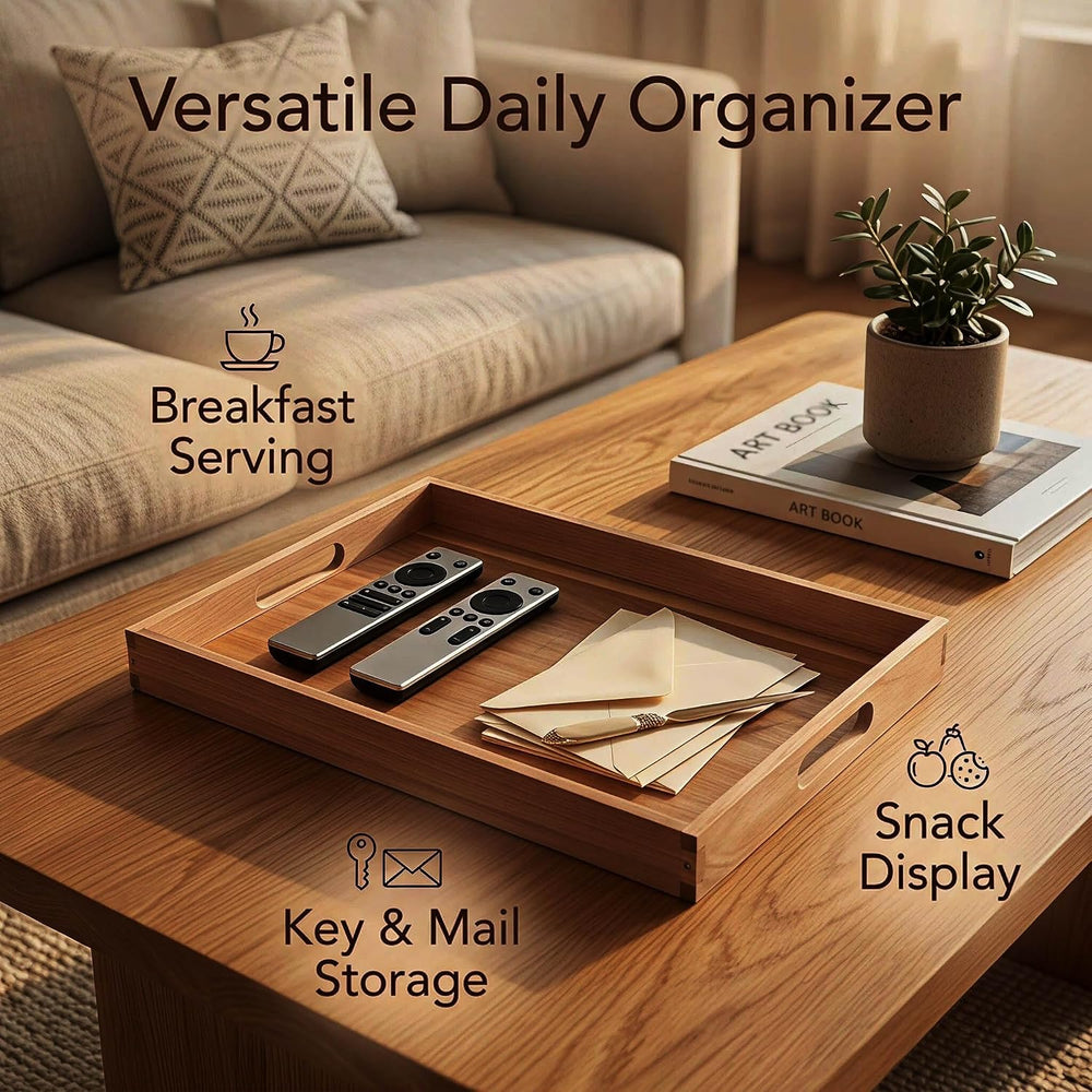 3-piece Set Wooden Serving Tray with Handles (17 Inches) – Decorative Serving...
