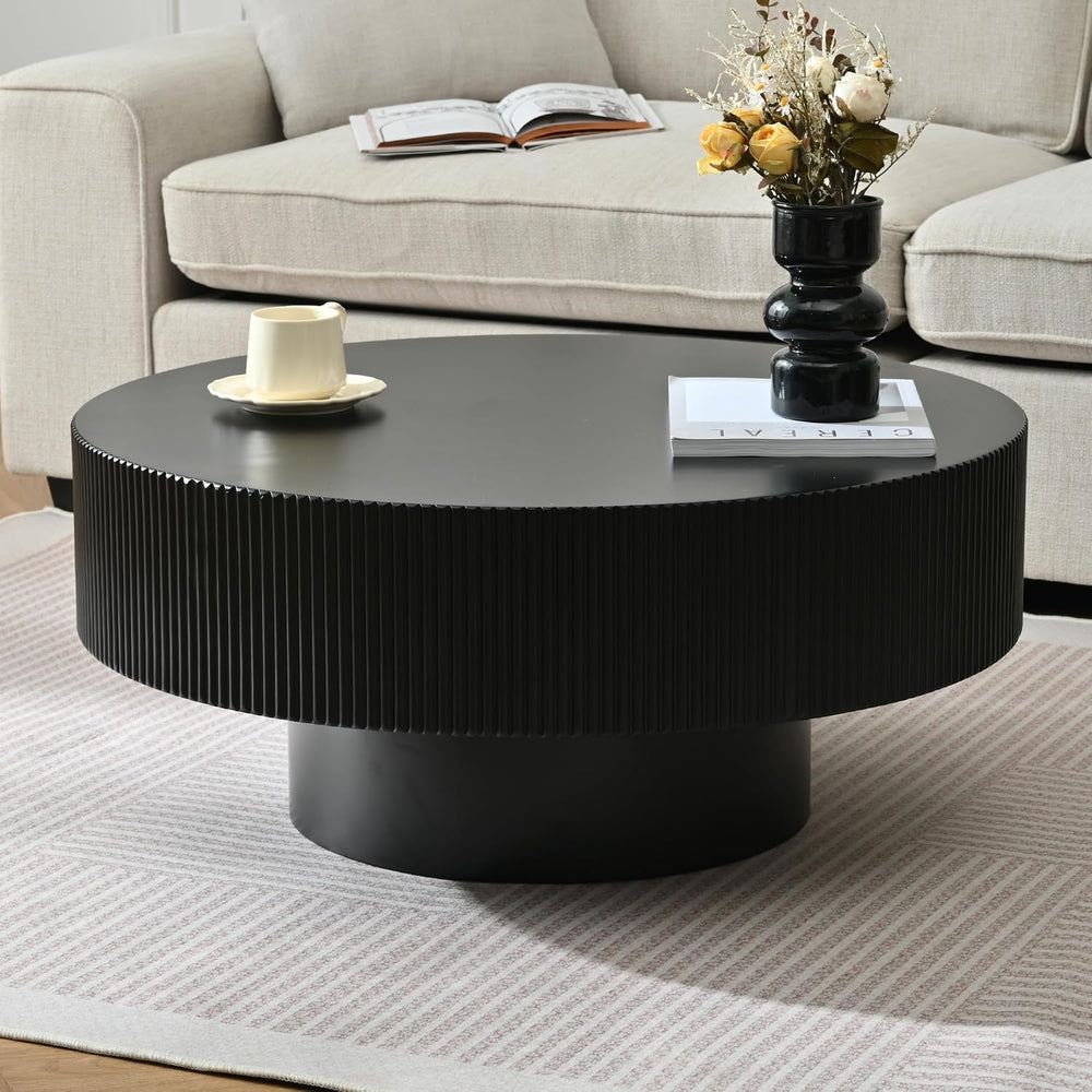 Merax Modern 31 Inch Fluted Round Coffee Table with Sturdy Base, Black