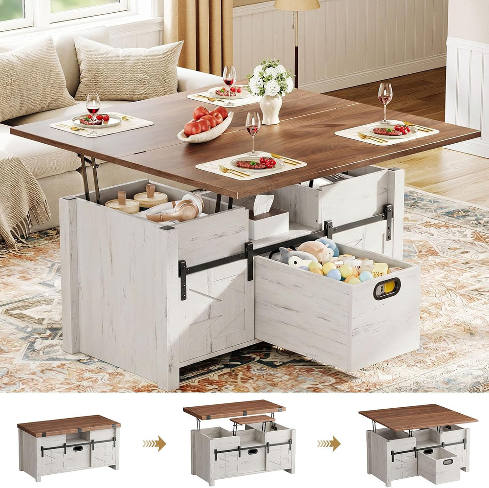 Memobarco 40" Farmhouse Lift Top Coffee Table with Storage Drawers,White